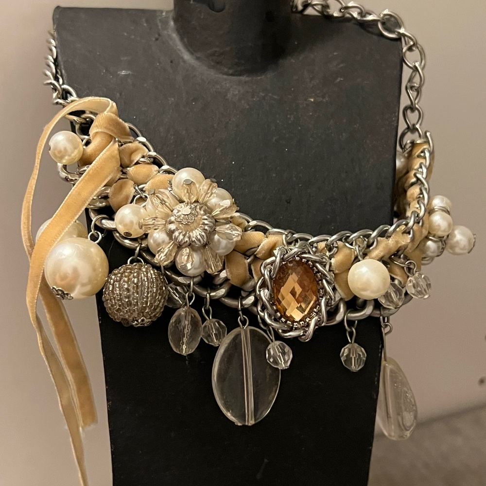 Steampunk Ivory Velvet & Beaded Statement Necklace